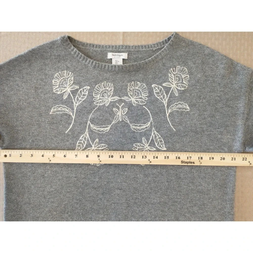 Haute Hippie Cottagecore Grey Floral Butterfly Embroidered Sweater Womens L - Picture 1 of 12